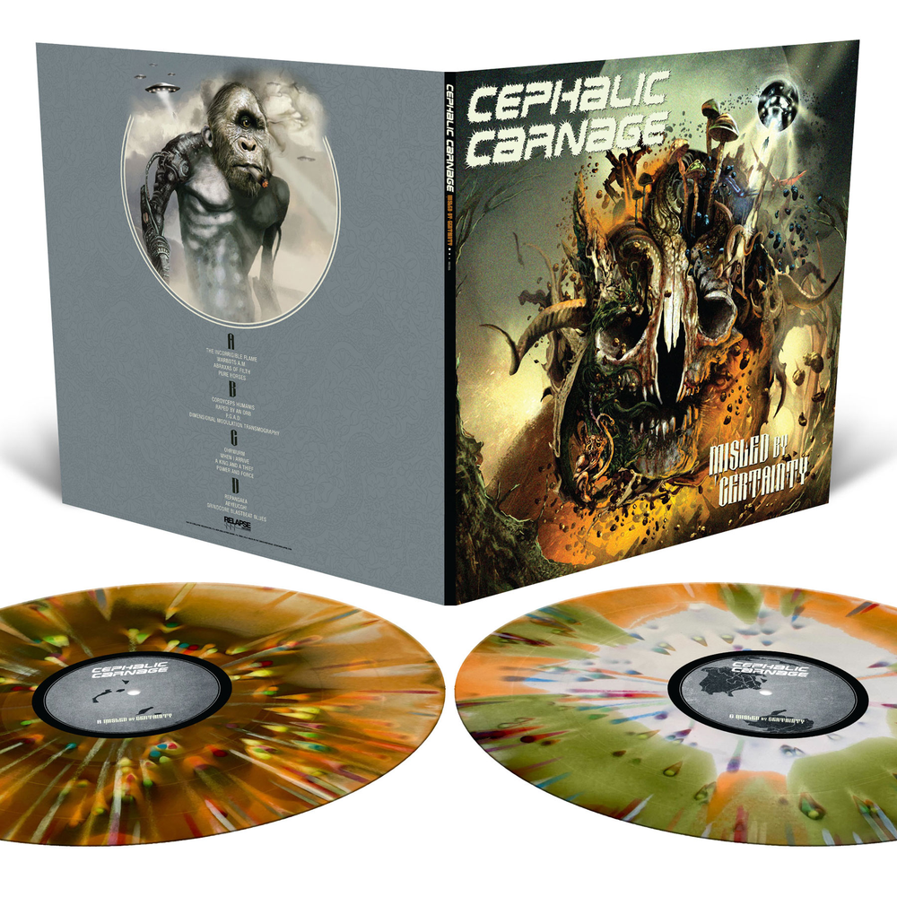 the album cover for Cephalic Carnage - Misled By Certainty [Tri-Color Merge with Splatter]