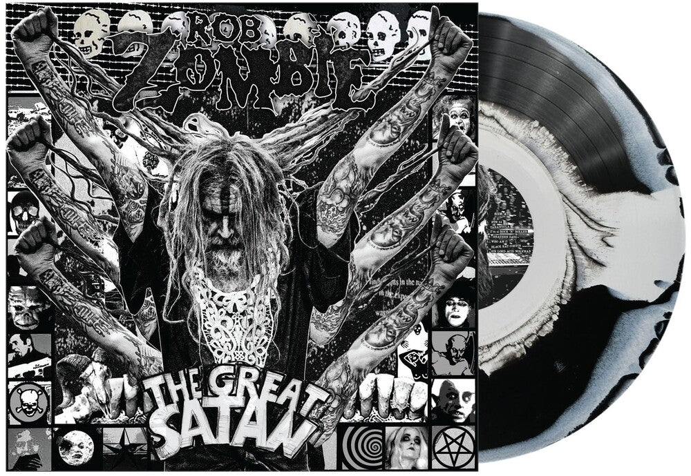 the album cover for Rob Zombie - The Great Satan [Indie Exclusive Black and White Swirl Vinyl]