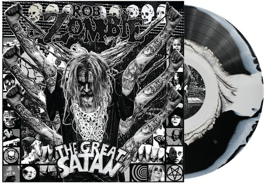 the album cover for Rob Zombie - The Great Satan [Indie Exclusive Black and White Swirl Vinyl]