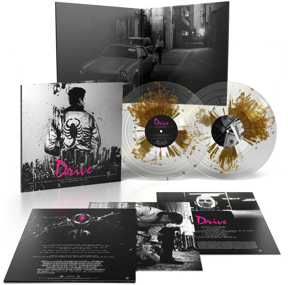 the album cover for Cliff Martinez - Drive: Original Motion Picture Soundtrack - 15th Anniversary [Gold Splatter On Clear]