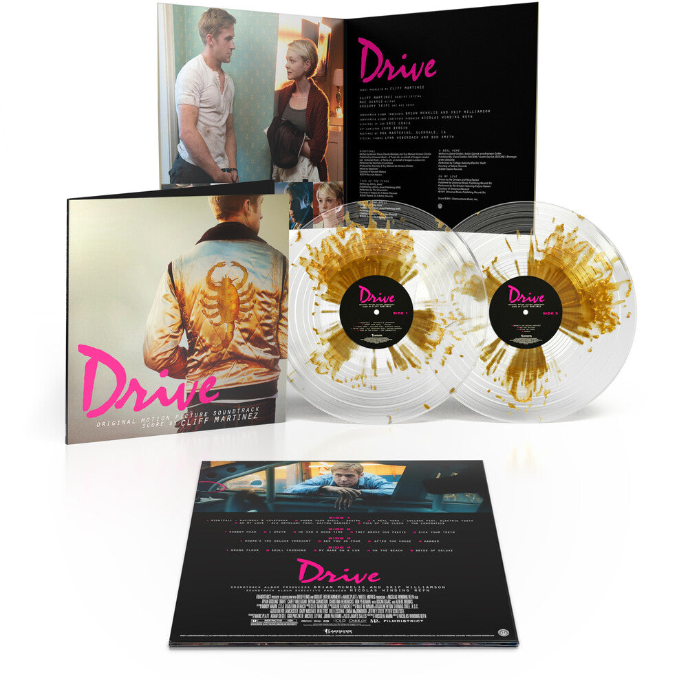 the album cover for Cliff Martinez - Drive: Original Motion Picture Soundtrack - 15th Anniversary [Gold Splatter On Clear]